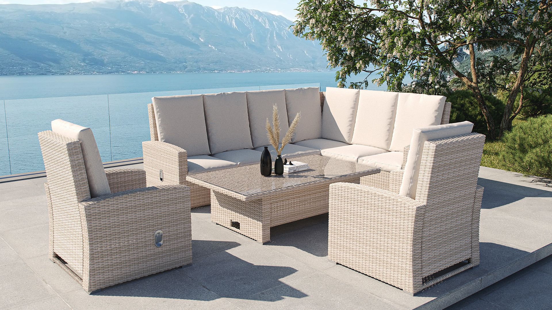 Jetzt EssLounge Terrassenmöbel aus Polyrattan mit höhenverstellbaren