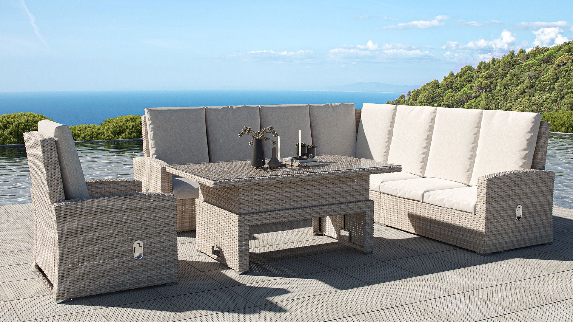 Jetzt EssLounge Terrassenmöbel aus Polyrattan mit höhenverstellbaren